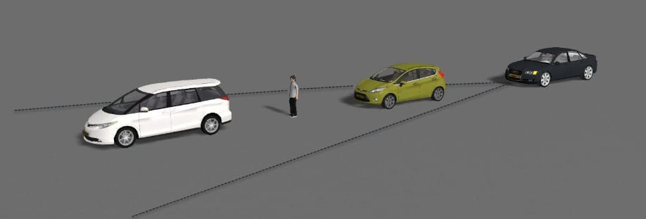 three vehicles and a pedestrian